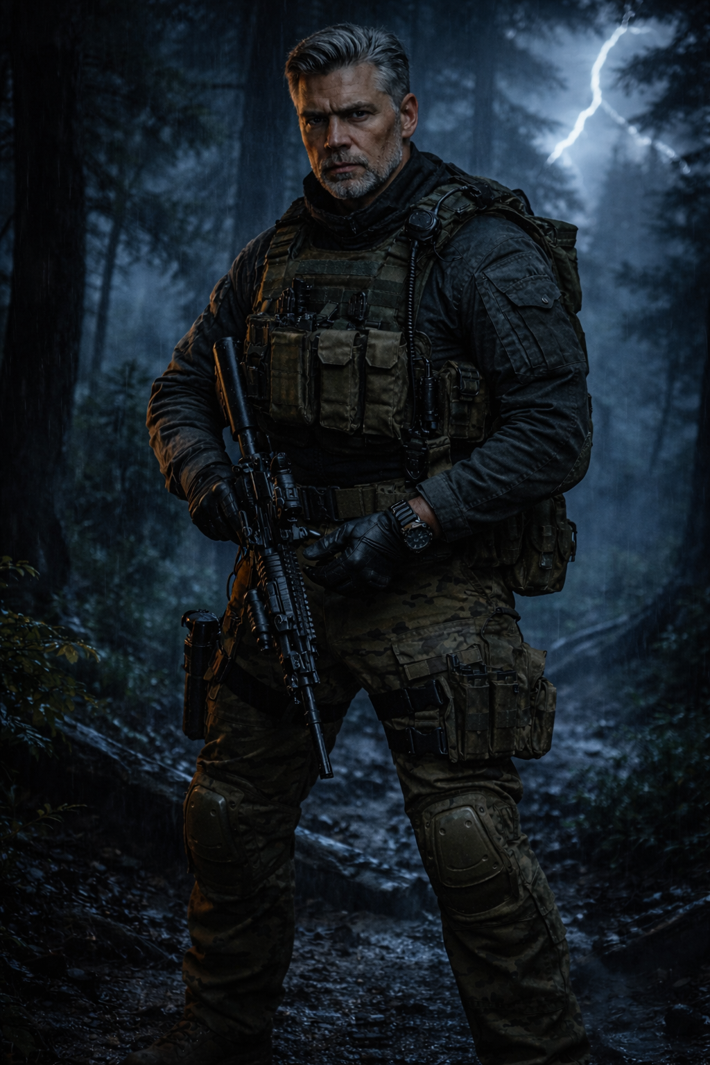 Bishop in ghillie suit in heavy rain