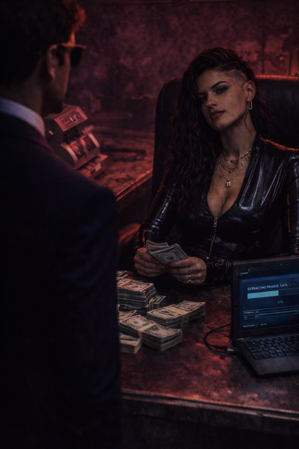 The Shark stepping into magenta light — face to face with Cleo in the counting room