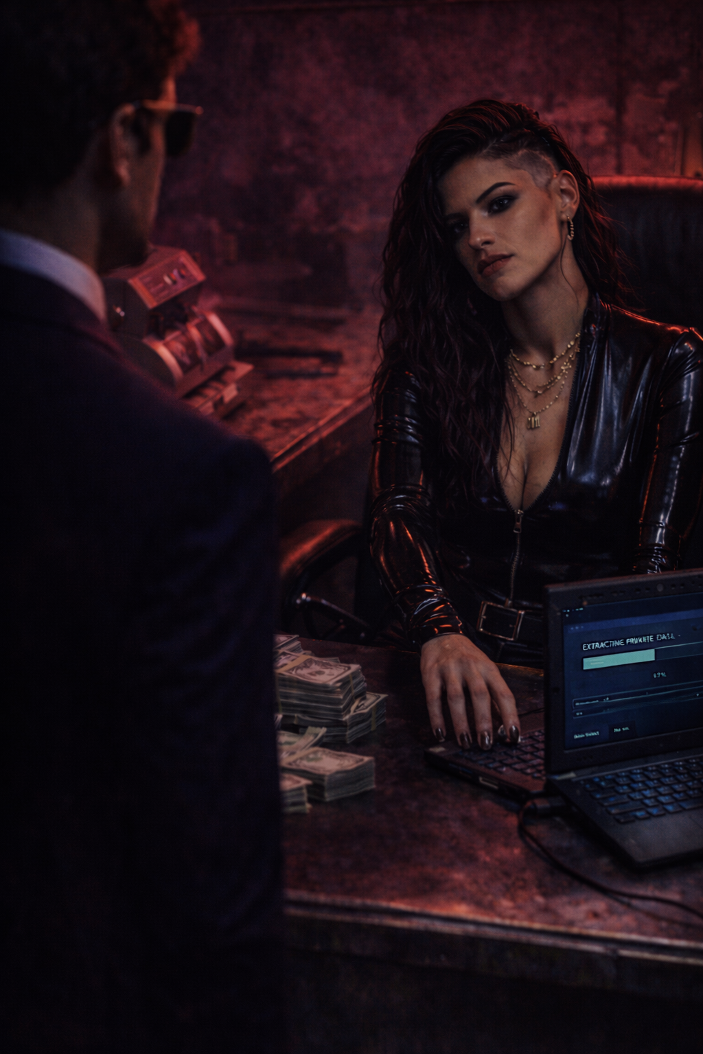 Cleo's hand on the laptop — straight razor visible at her boot