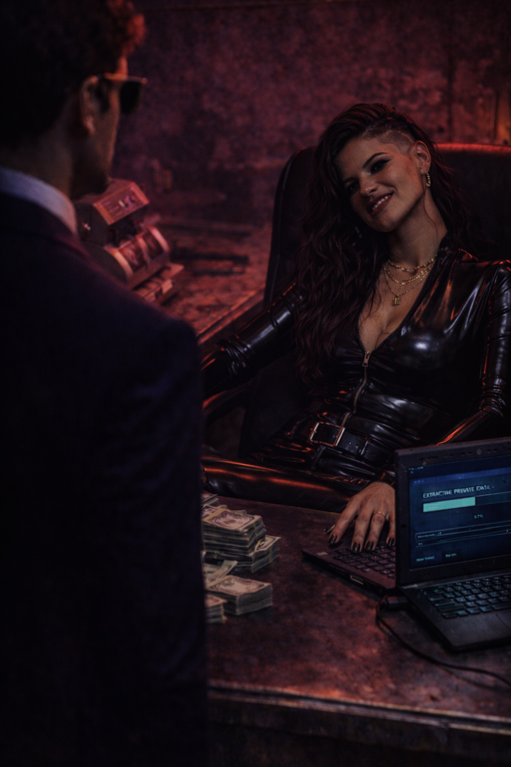 Cleo leaning back — predatory calculation in her eyes