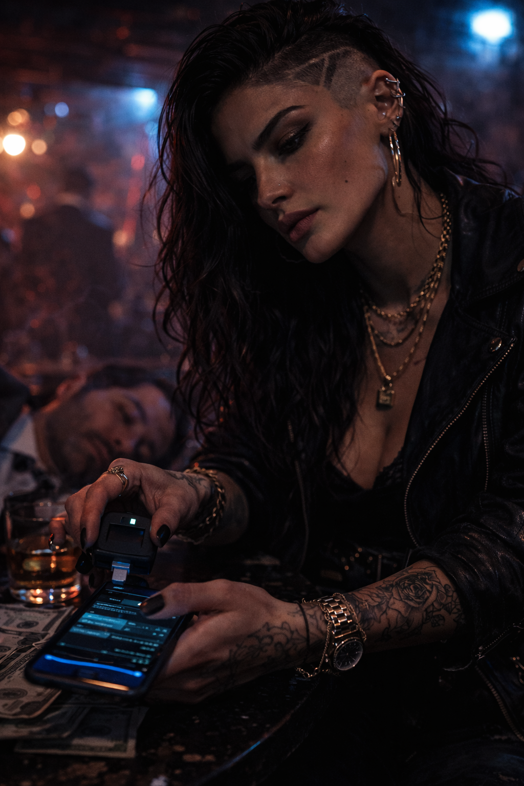 Underground club interior — industrial concrete walls, red lighting