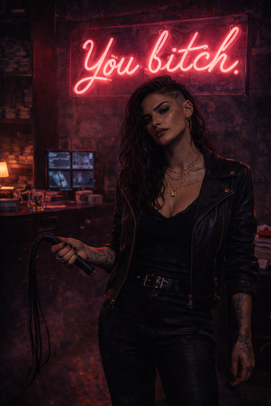 The neon sign — THE BITCH — in hot pink glass above the counting room desk