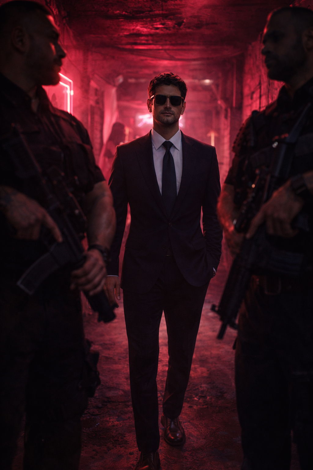 The Trench main floor — dancers in toxic pink neon, armed bouncers at the door