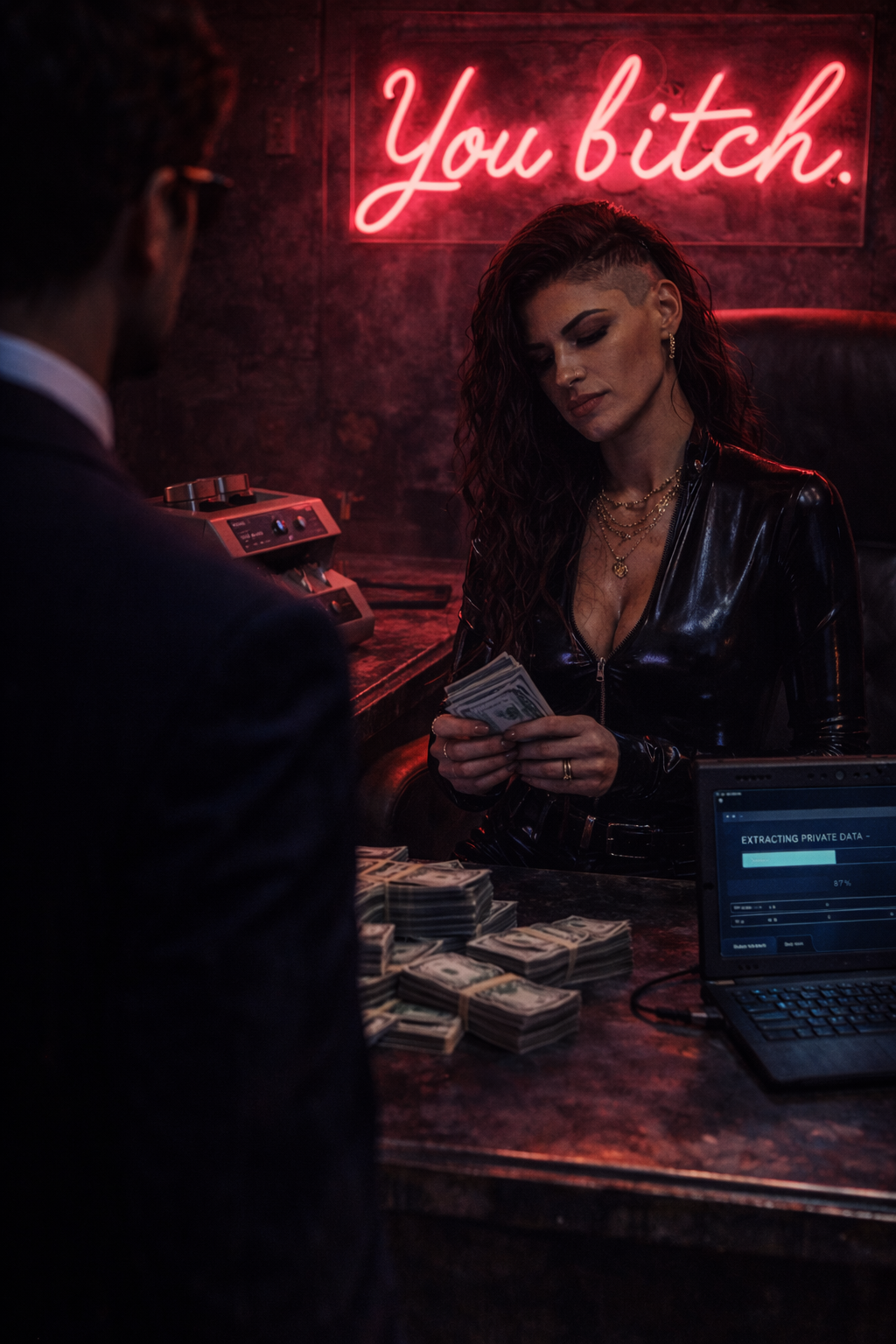 Cleo Vargas counting cash — ruggedized laptop and cloned iPhone on the desk