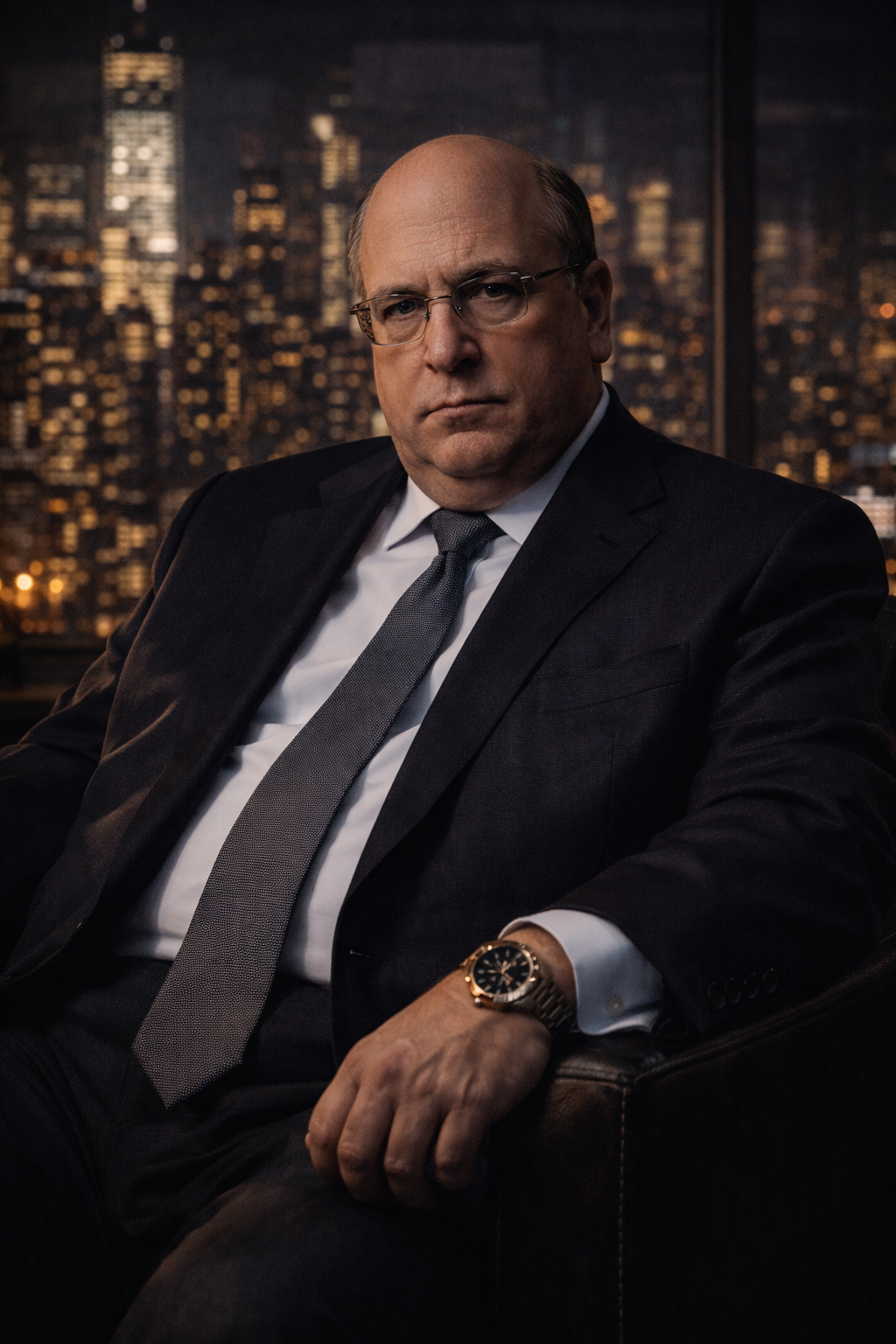 The Banker in an executive suite with steak and seafood on a mahogany table