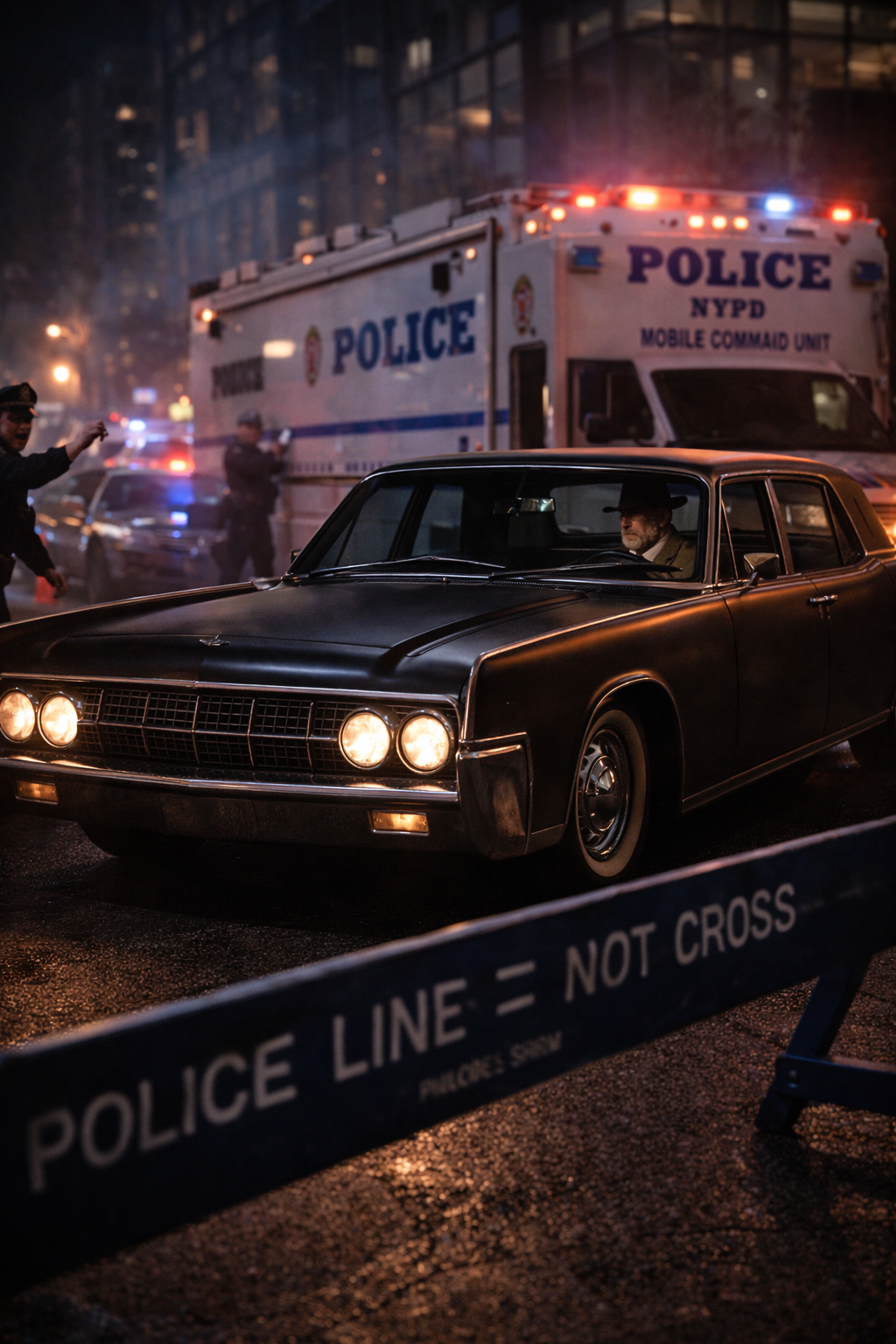 A man in a trench coat and fedora standing in the rain, back to camera