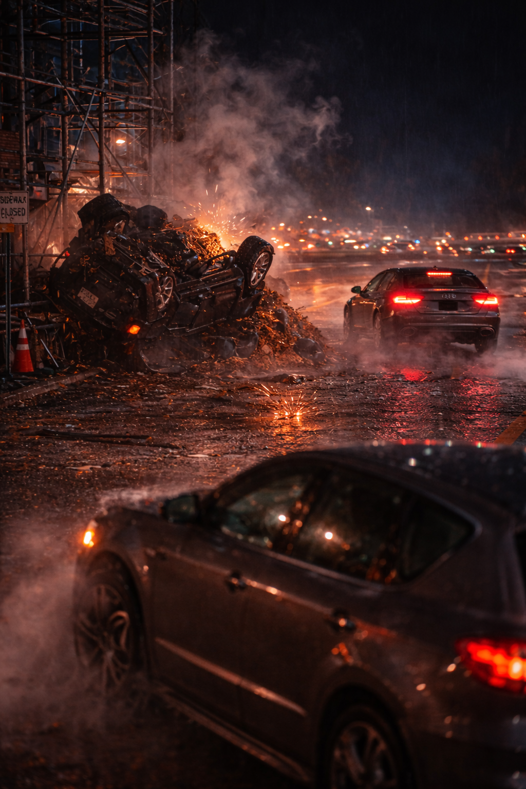 The Fox driving an Audi RS7 in the rain