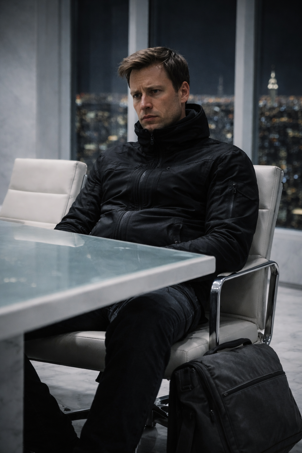 A sterile, brightly lit, white-on-white conference room high above Manhattan.