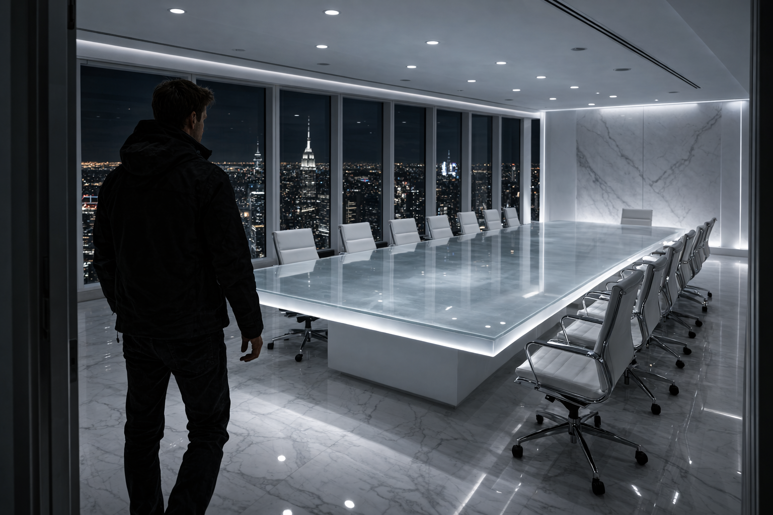 A sterile, brightly lit, white-on-white conference room high above Manhattan.