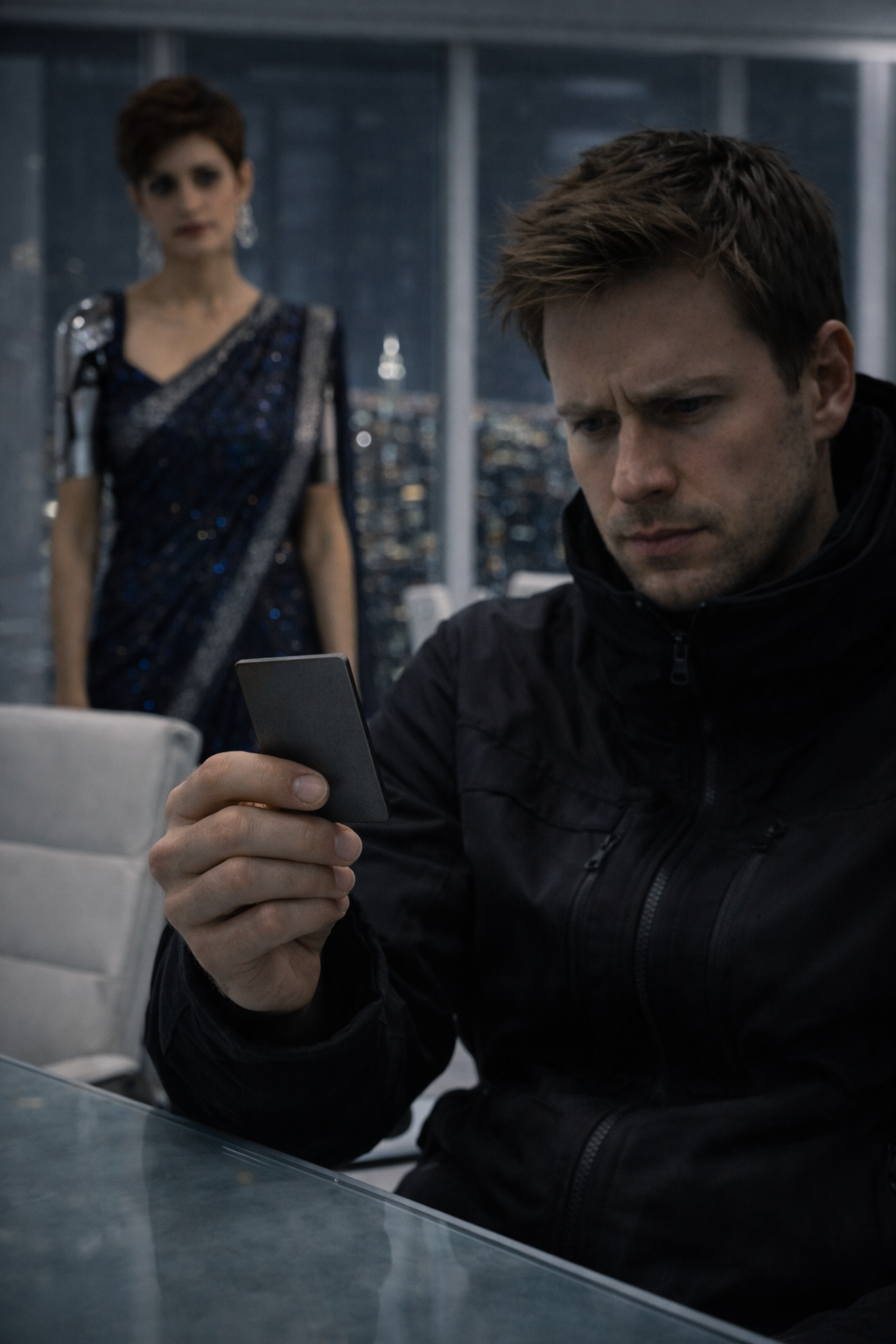 A sterile, brightly lit, white-on-white conference room high above Manhattan.