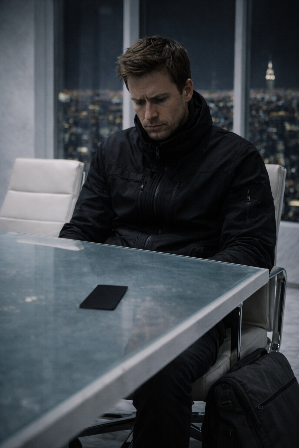 A sterile, brightly lit, white-on-white conference room high above Manhattan.