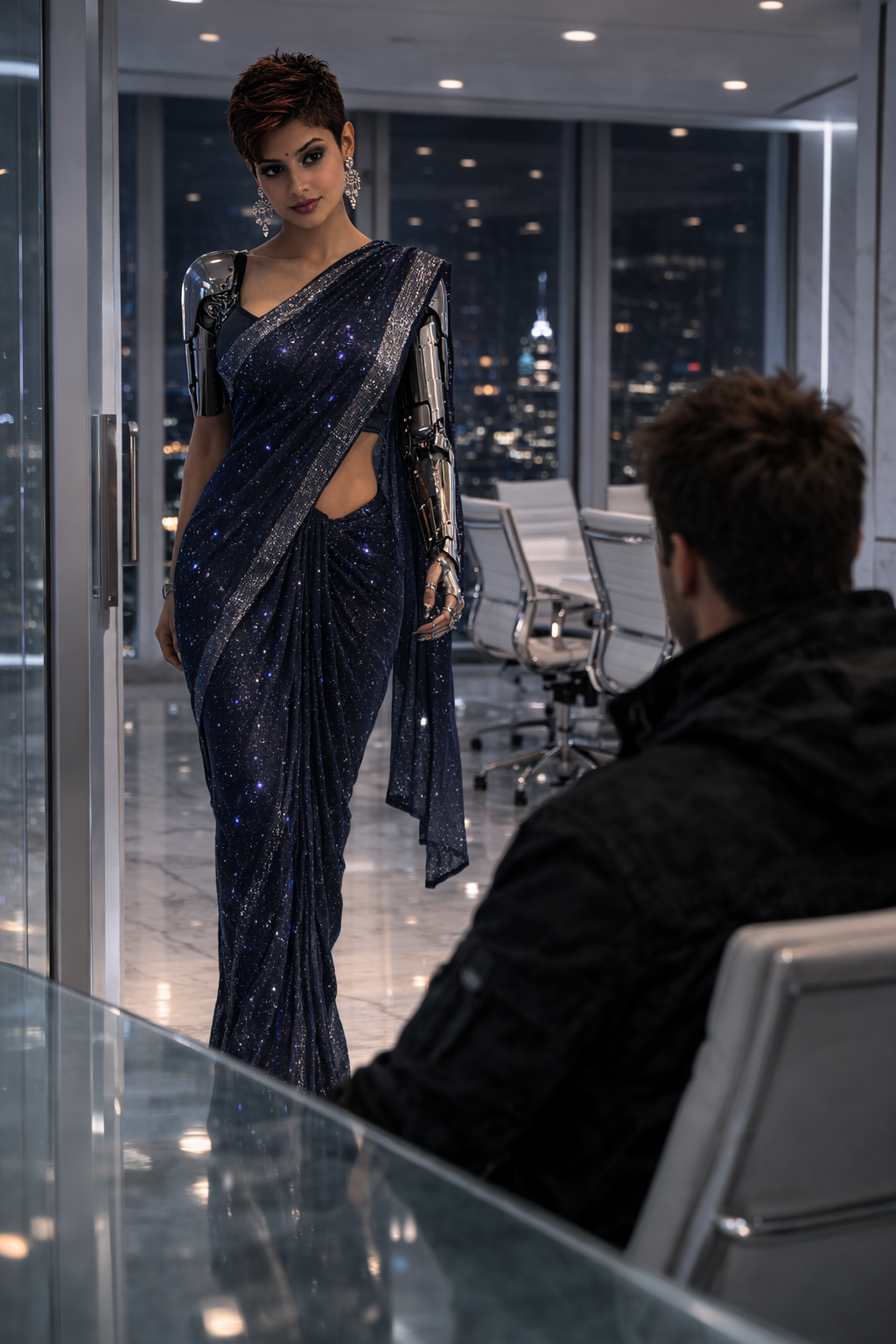 A sterile, brightly lit, white-on-white conference room high above Manhattan.