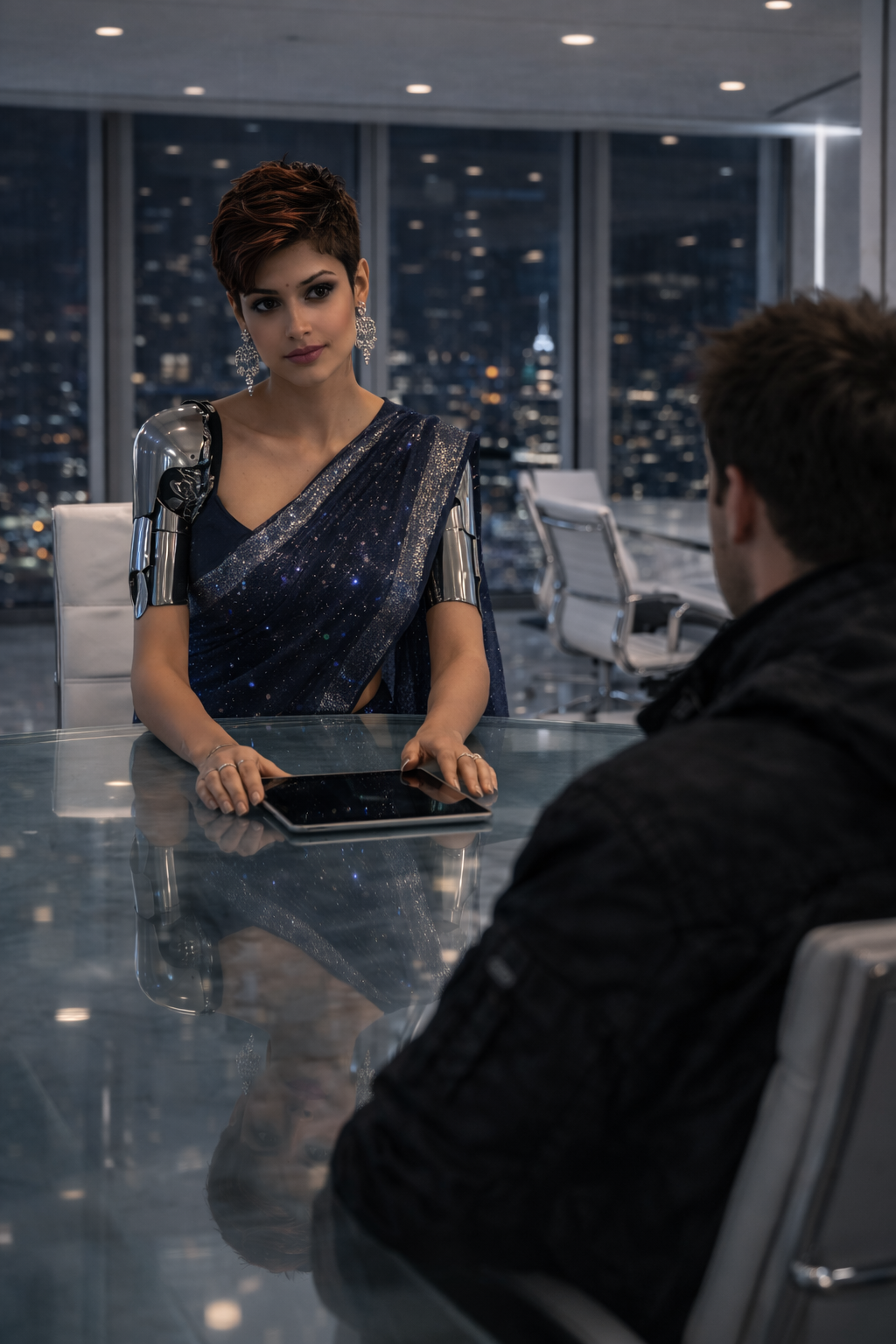 A sterile, brightly lit, white-on-white conference room high above Manhattan.