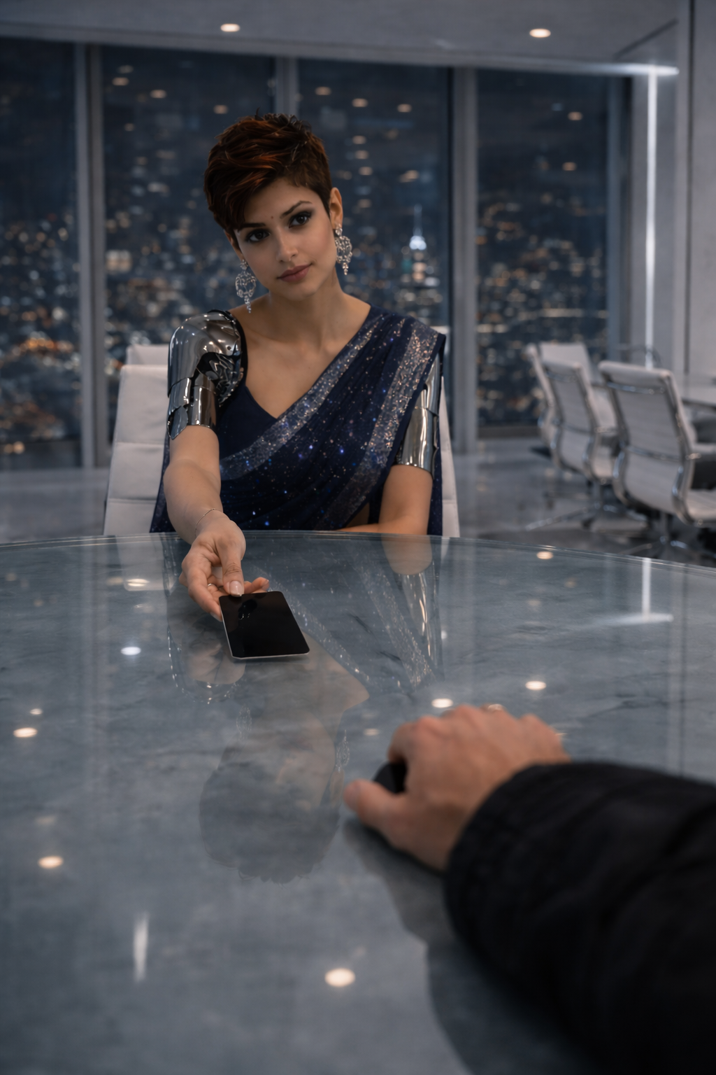 A sterile, brightly lit, white-on-white conference room high above Manhattan.