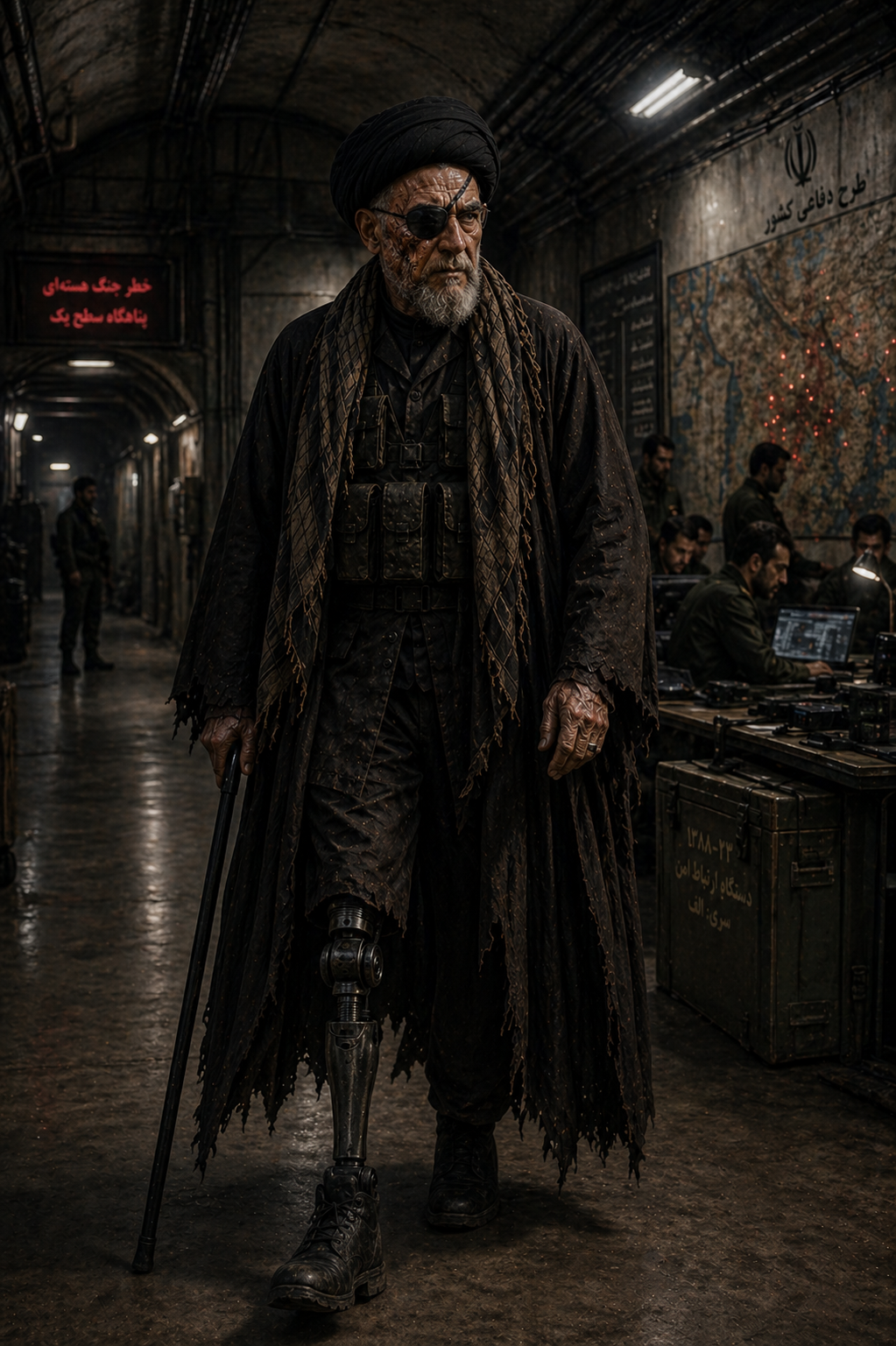 A frail, intensely terrifying Middle Eastern cleric in a tattered cloak, leaning heavily on a wooden staff amidst flying embers.