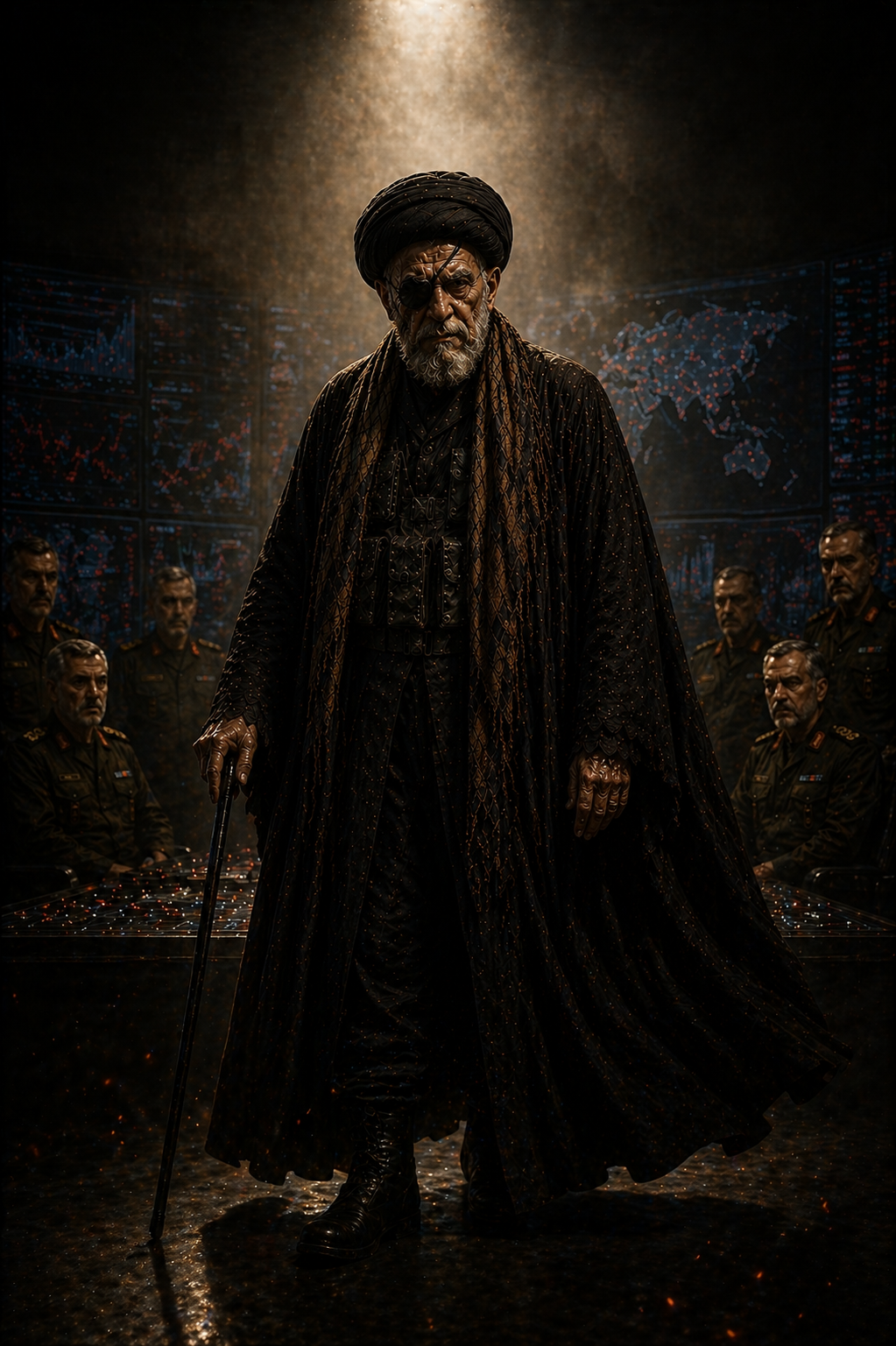 A frail, intensely terrifying Middle Eastern cleric in a tattered cloak, leaning heavily on a wooden staff amidst flying embers.