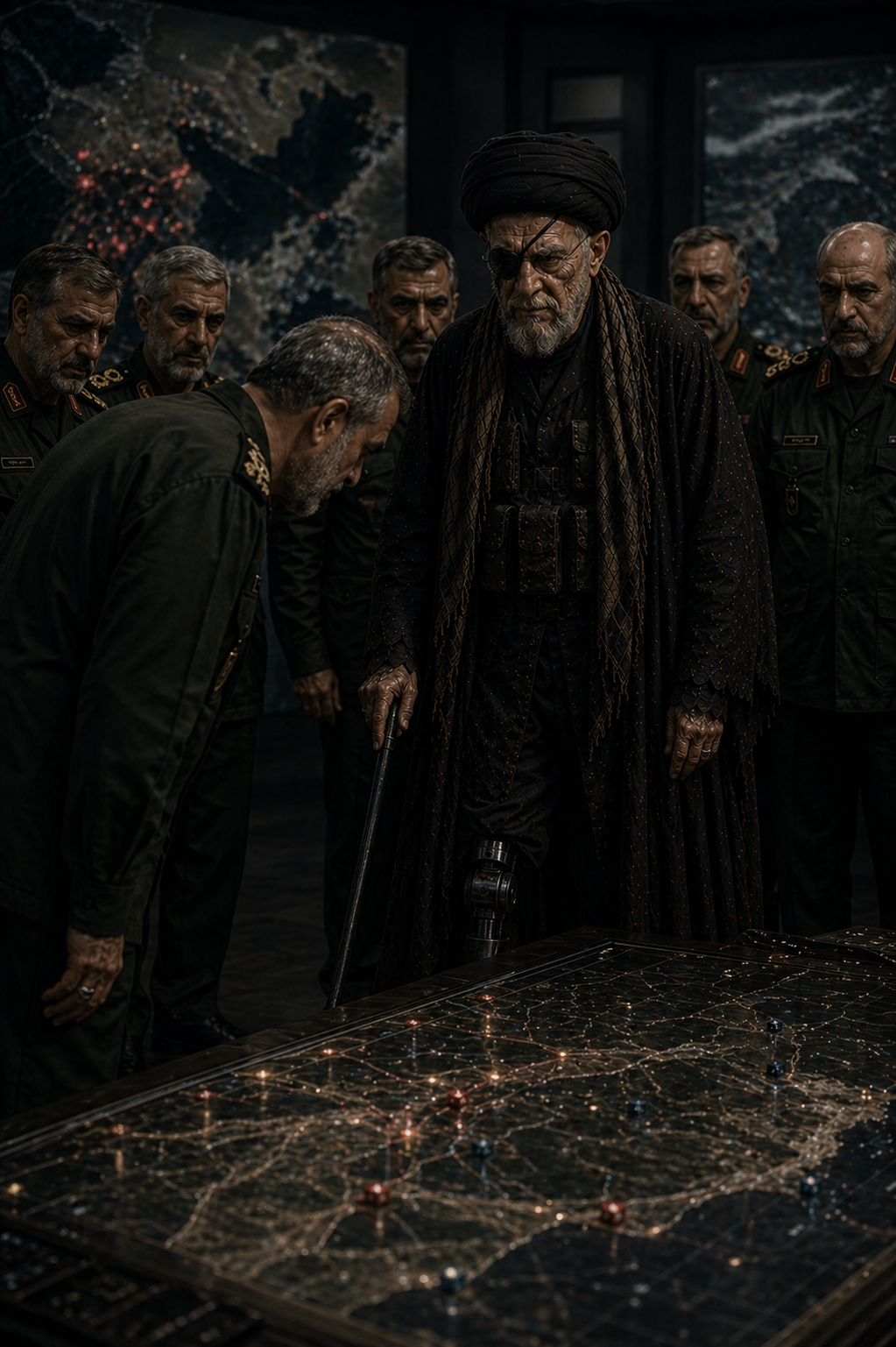 A frail, intensely terrifying Middle Eastern cleric in a tattered cloak, leaning heavily on a wooden staff amidst flying embers.