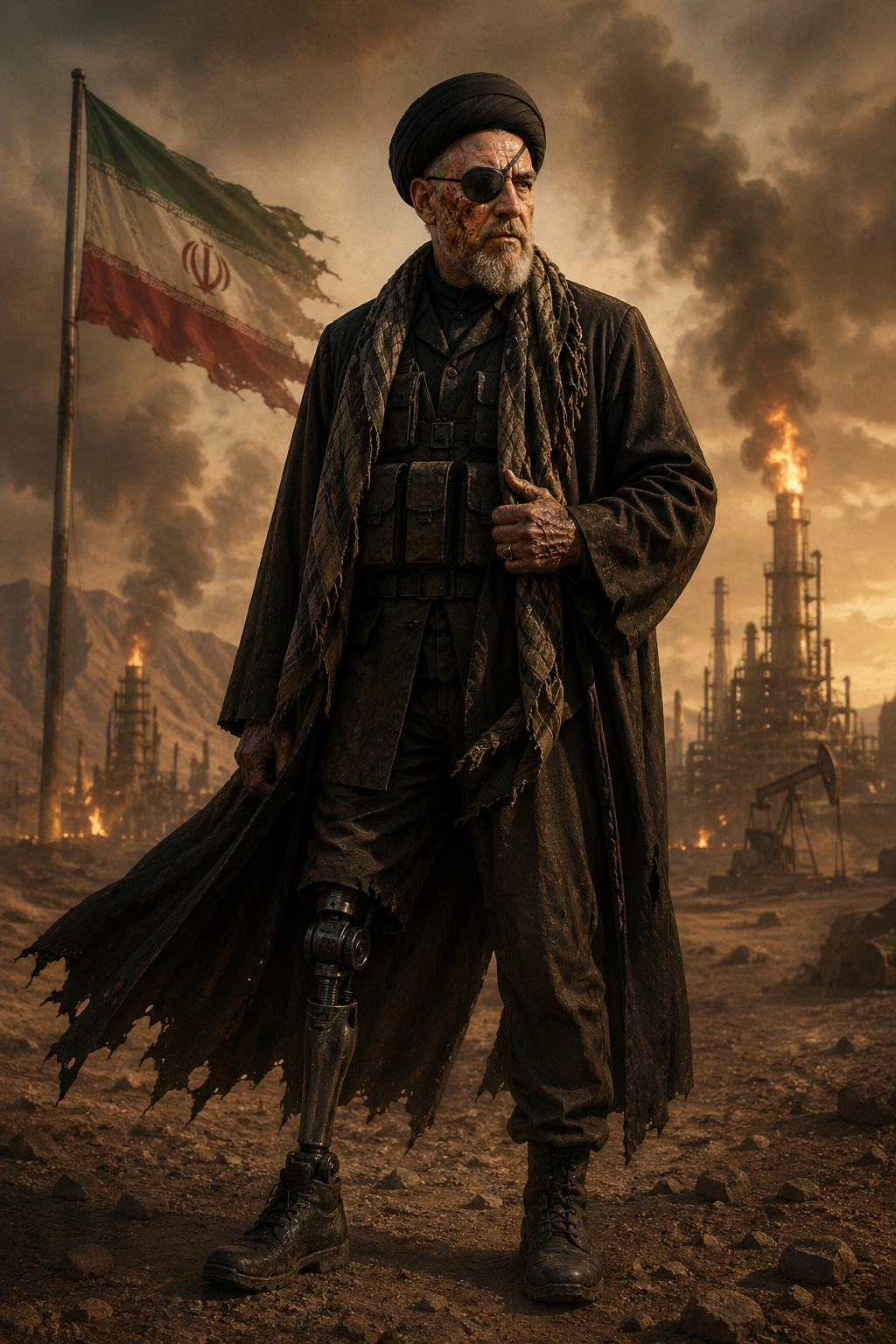 A frail, intensely terrifying Middle Eastern cleric in a tattered cloak, leaning heavily on a wooden staff amidst flying embers.