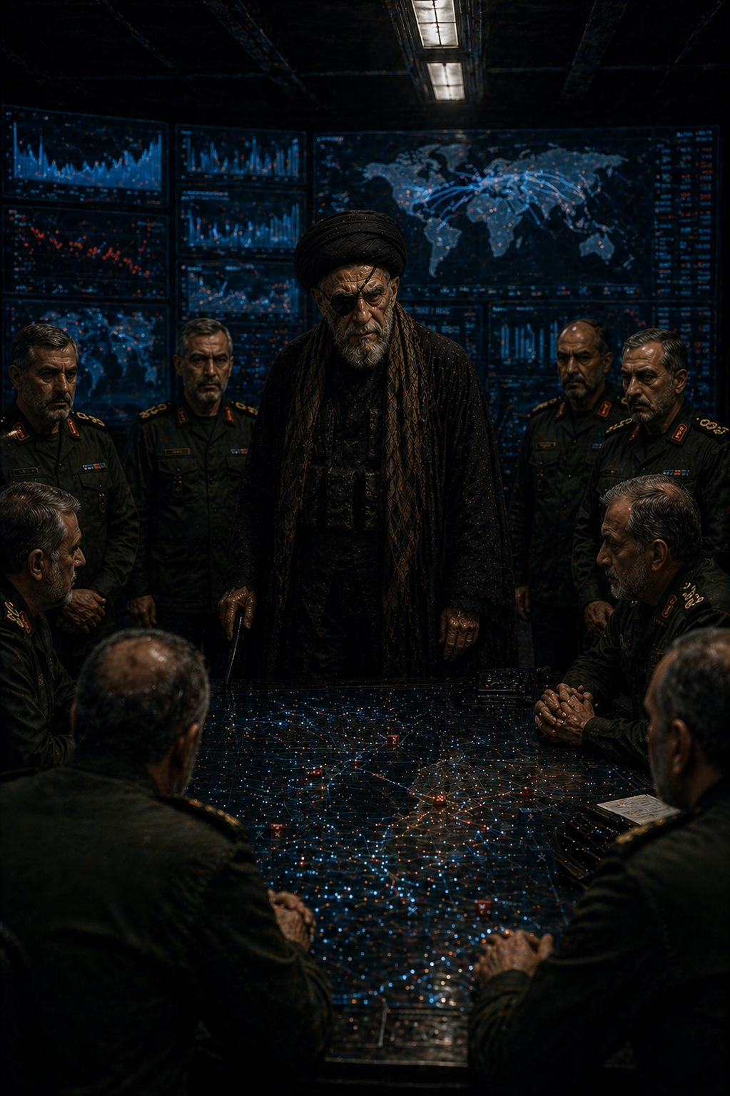 A frail, intensely terrifying Middle Eastern cleric in a tattered cloak, leaning heavily on a wooden staff amidst flying embers.