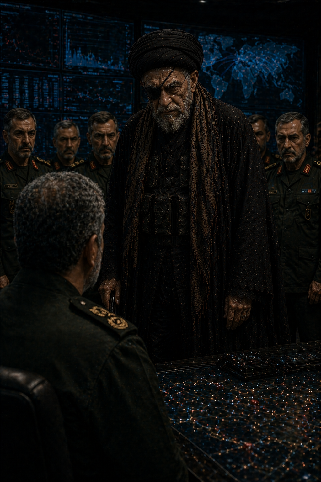 A frail, intensely terrifying Middle Eastern cleric in a tattered cloak, leaning heavily on a wooden staff amidst flying embers.