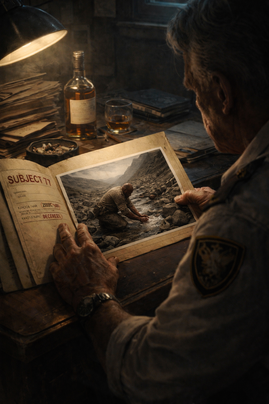 A grainy surveillance photo of a massive man in a war zone