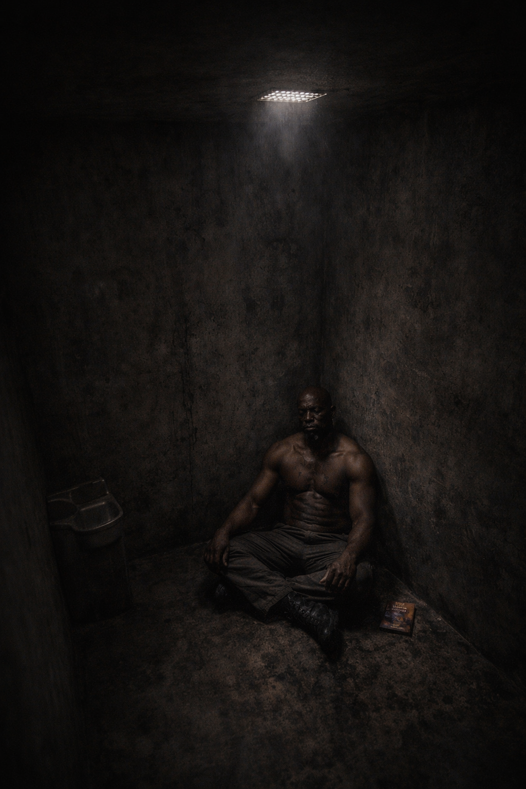 A grainy surveillance photo of a massive man in a war zone