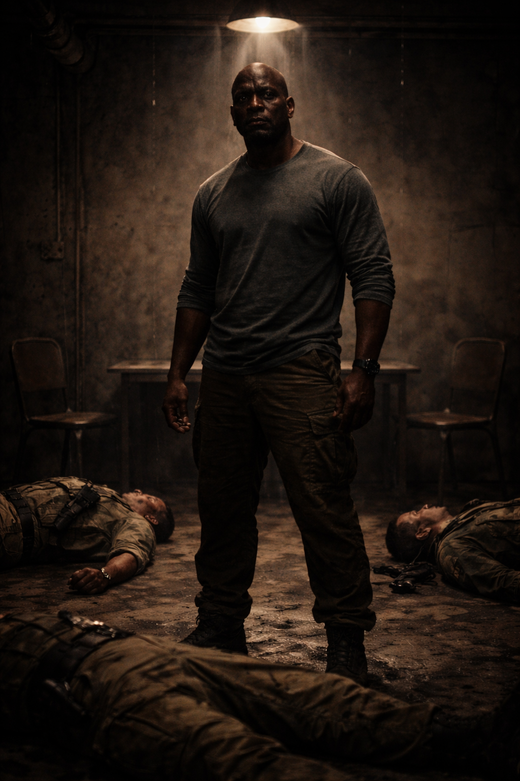 A grainy surveillance photo of a massive man in a war zone