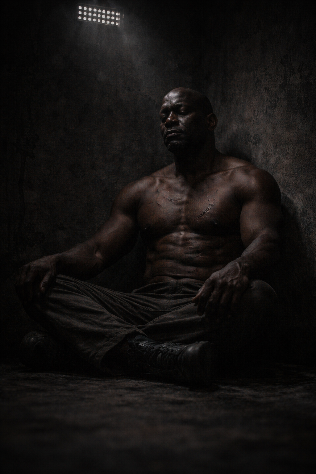 A grainy surveillance photo of a massive man in a war zone