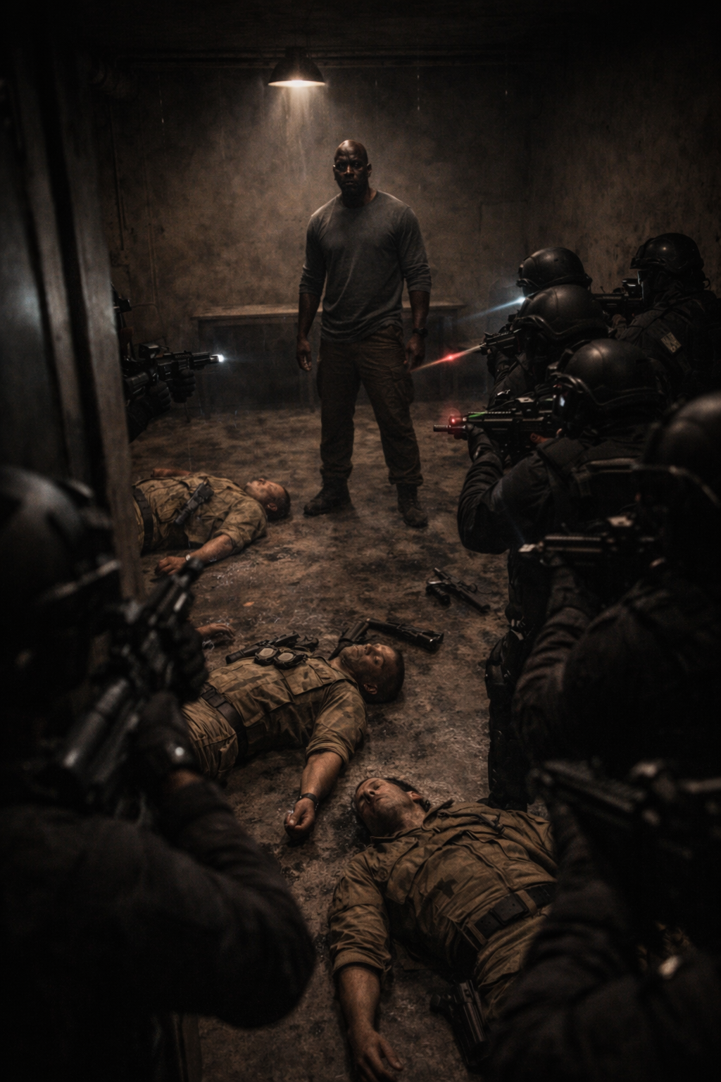 A grainy surveillance photo of a massive man in a war zone