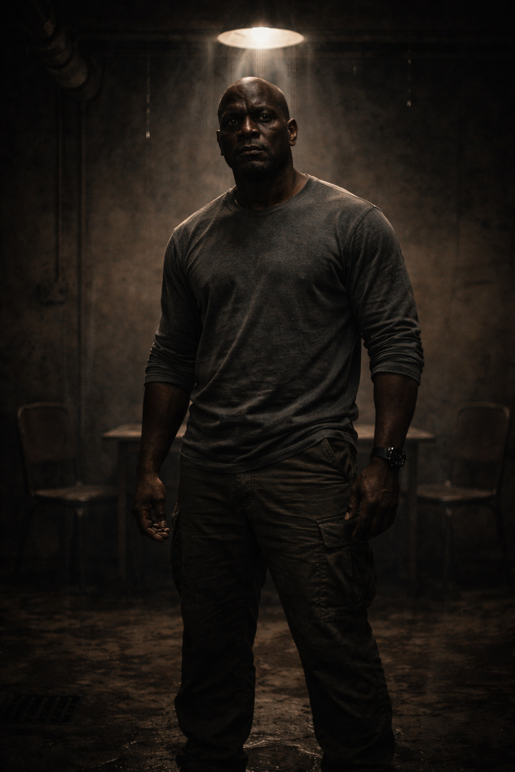 A grainy surveillance photo of a massive man in a war zone