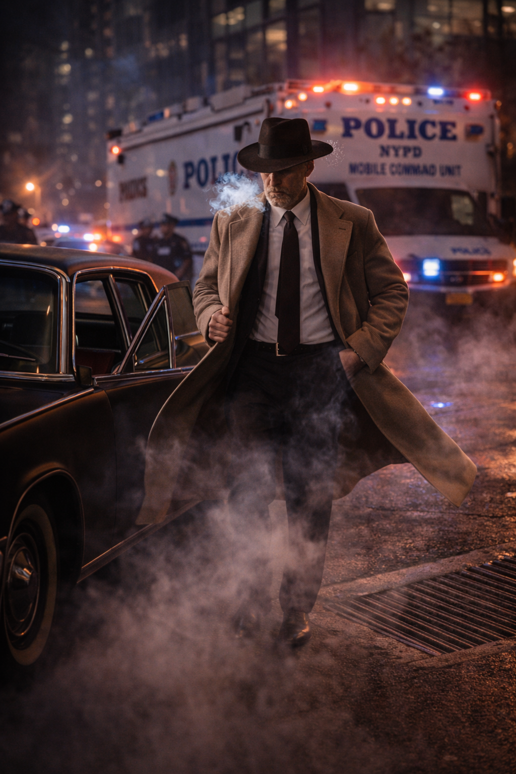 A man in a trench coat and fedora standing in the rain, back to camera