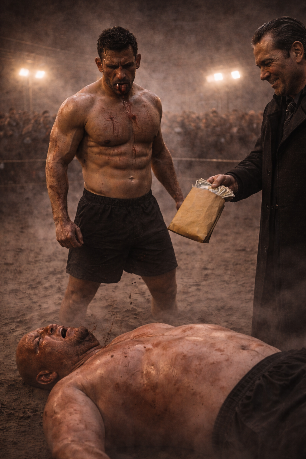 Dominic holding a thick envelope of cash, standing over a defeated fighter, realizing the true nature of power.