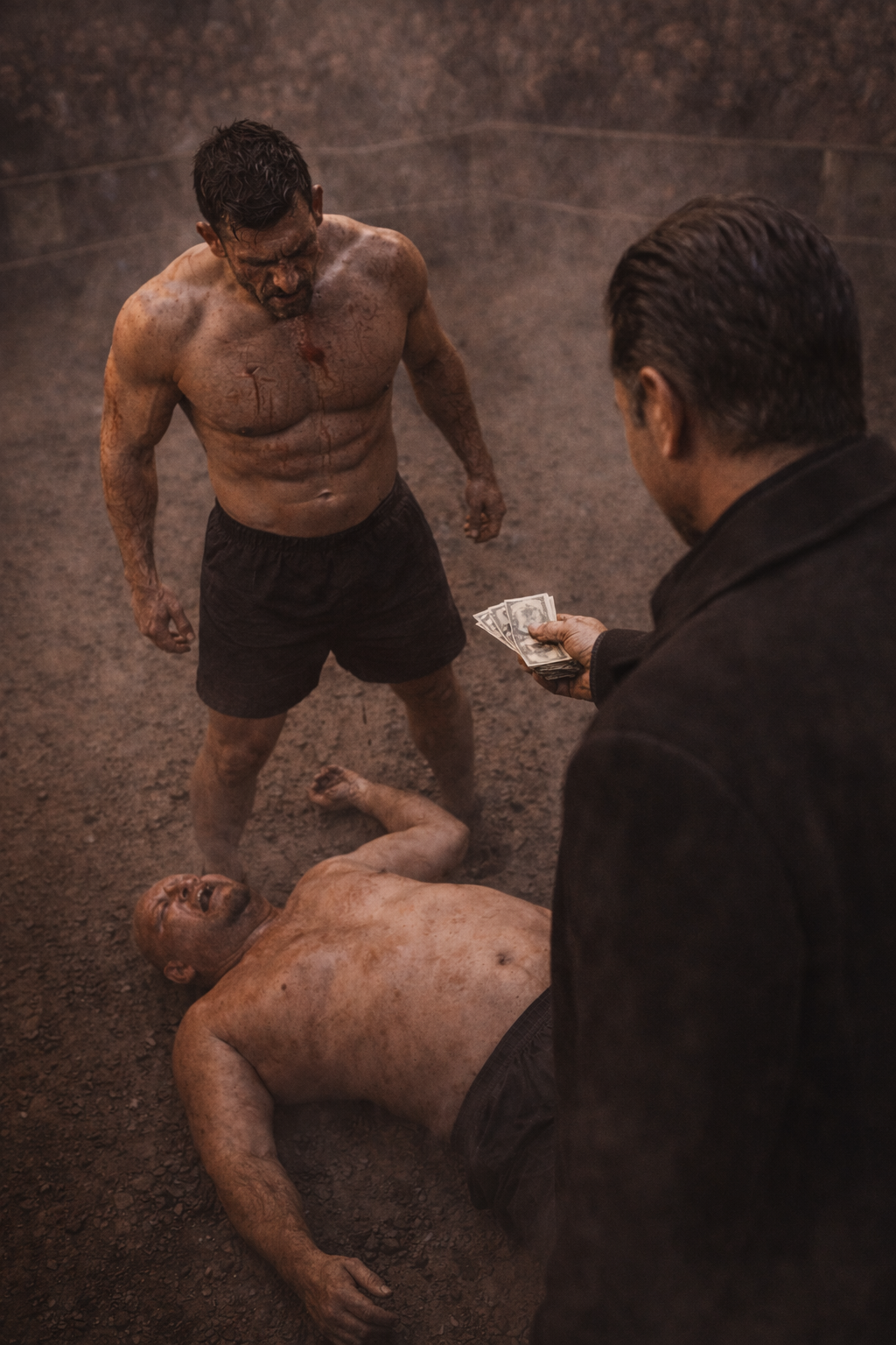 Dominic holding a thick envelope of cash, standing over a defeated fighter, realizing the true nature of power.