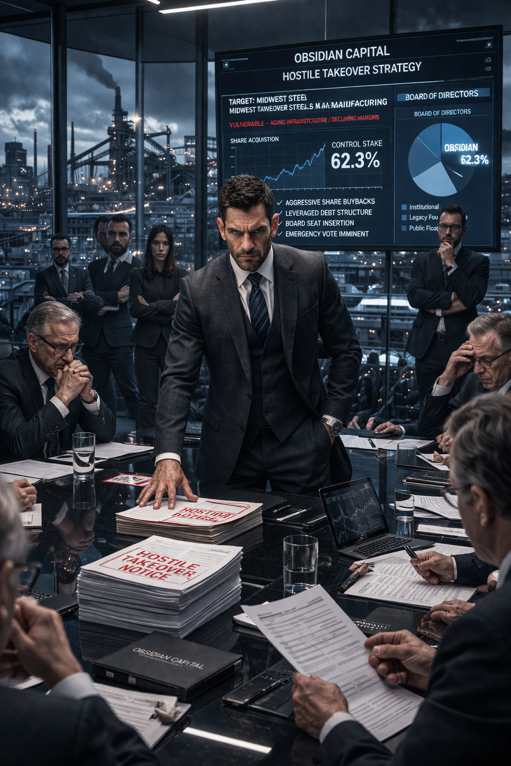 Dominic Stone sitting at the head of a massive, dark wood boardroom table, dictating terms.
