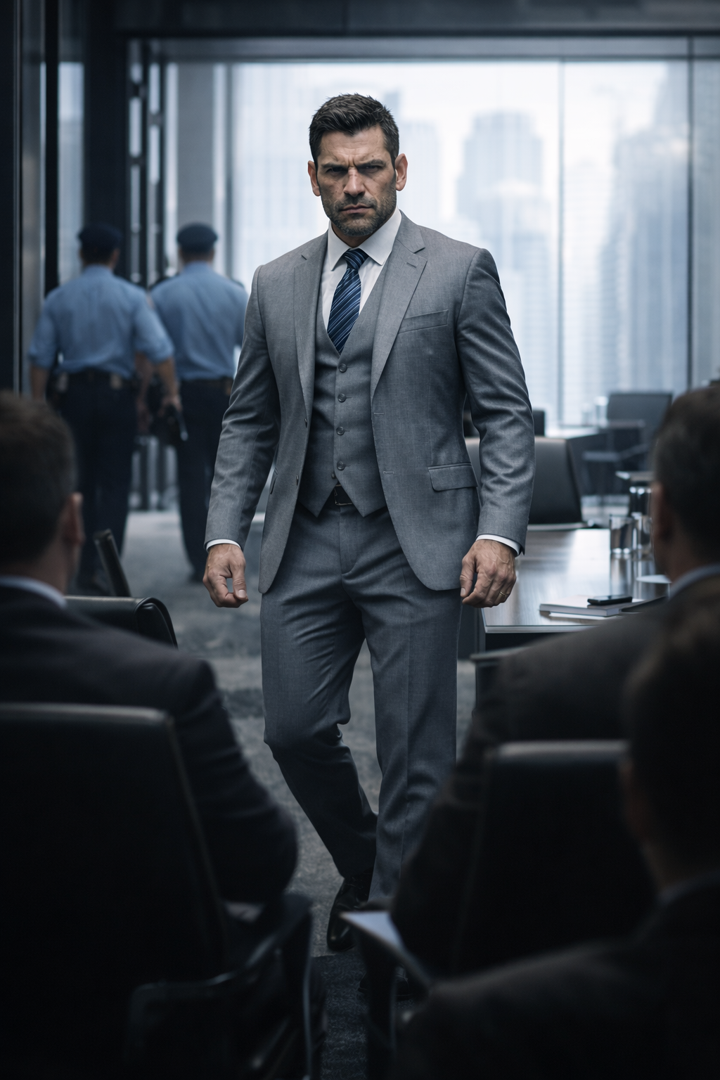 Dominic 'The Bull' Stone standing in a heavy, bespoke three-piece suit in front of the Wall Street Bull.