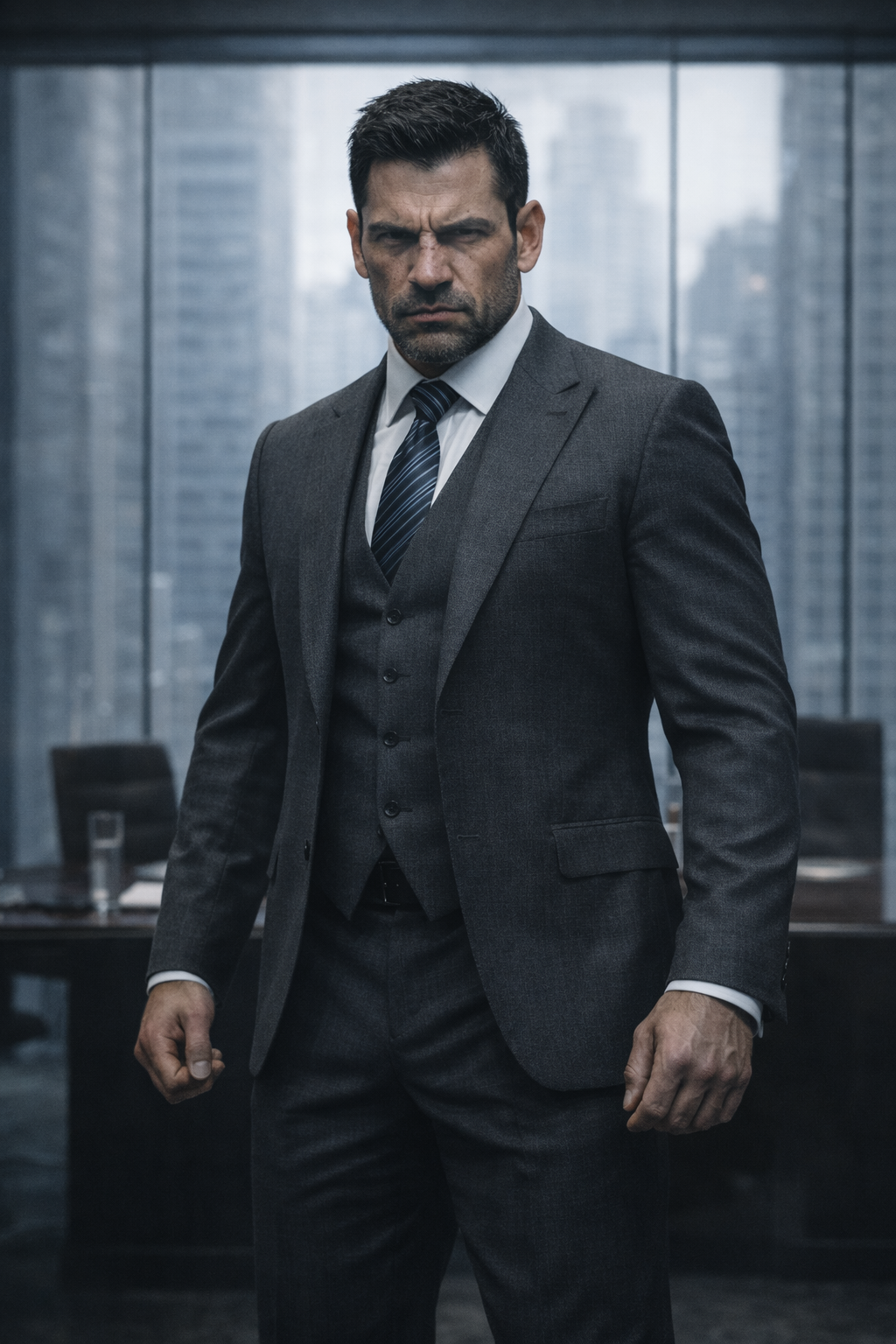 Dominic 'The Bull' Stone standing in a heavy, bespoke three-piece suit in front of the Wall Street Bull.