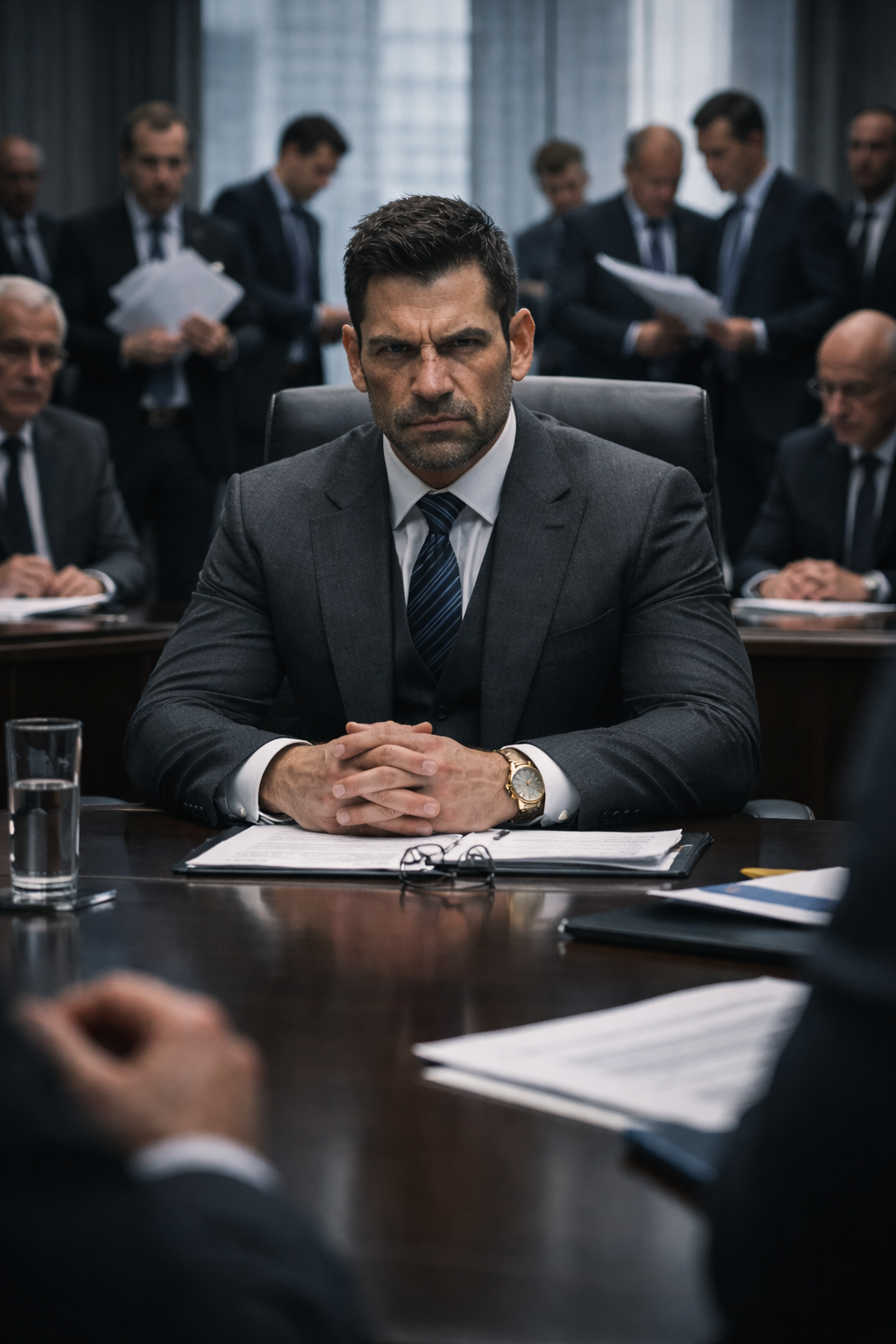 Dominic 'The Bull' Stone standing in a heavy, bespoke three-piece suit in front of the Wall Street Bull.