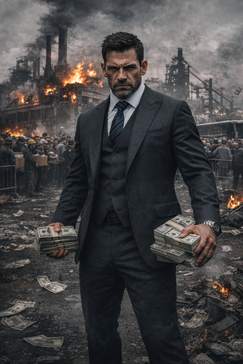 Dominic 'The Bull' Stone standing in a heavy, bespoke three-piece suit in front of the Wall Street Bull.