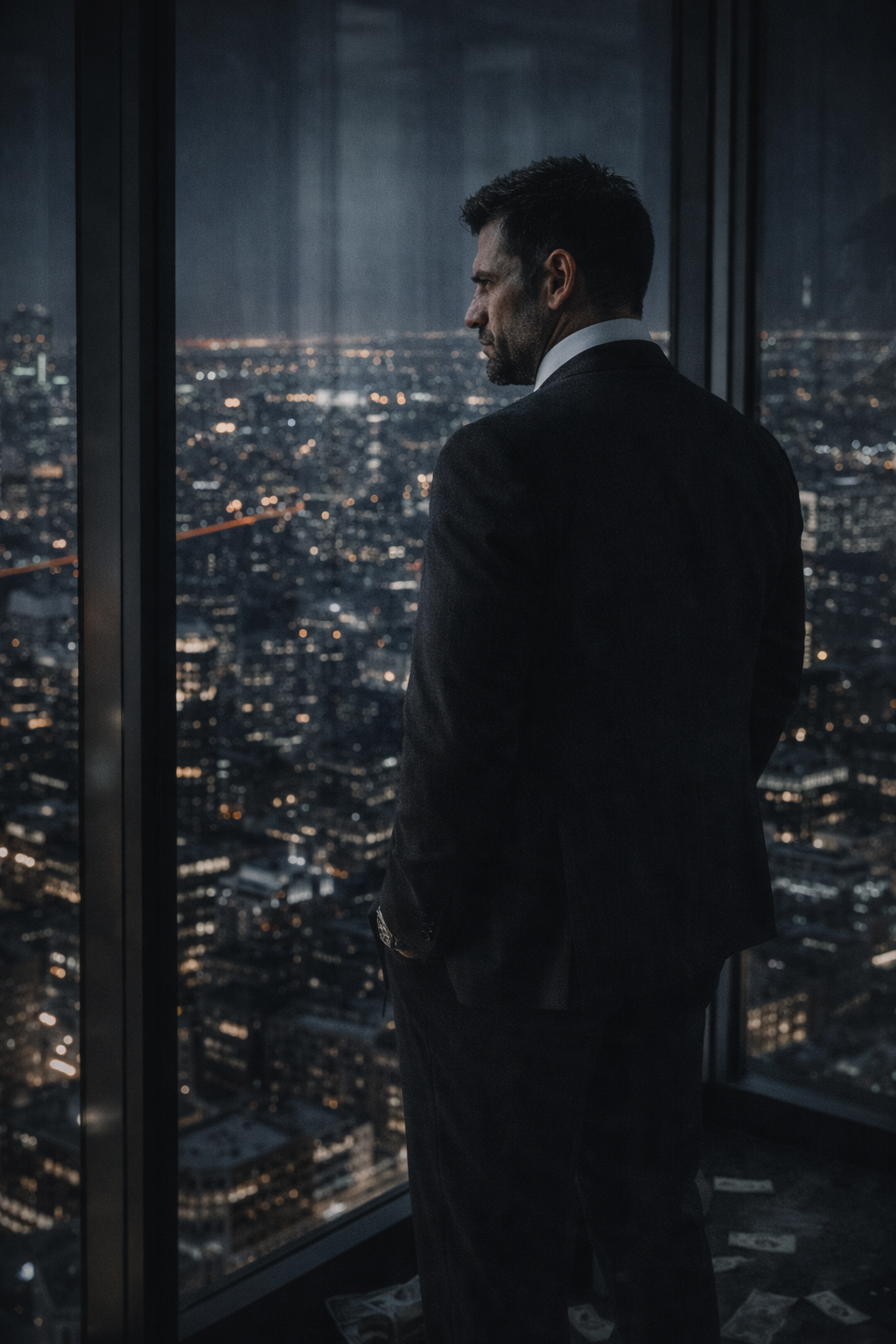 Dominic 'The Bull' Stone standing in a heavy, bespoke three-piece suit in front of the Wall Street Bull.