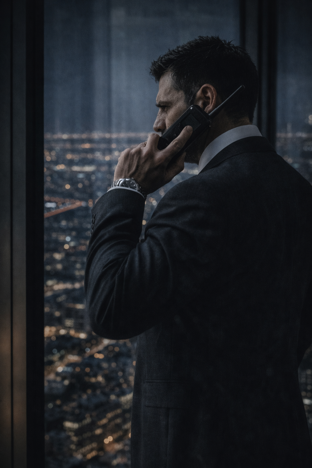 Dominic 'The Bull' Stone standing in a heavy, bespoke three-piece suit in front of the Wall Street Bull.