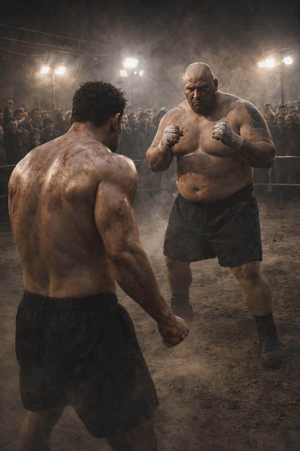 A gritty, dusty warehouse in Hell's Kitchen illuminated by harsh halogen lights, the site of an underground bare-knuckle fight.