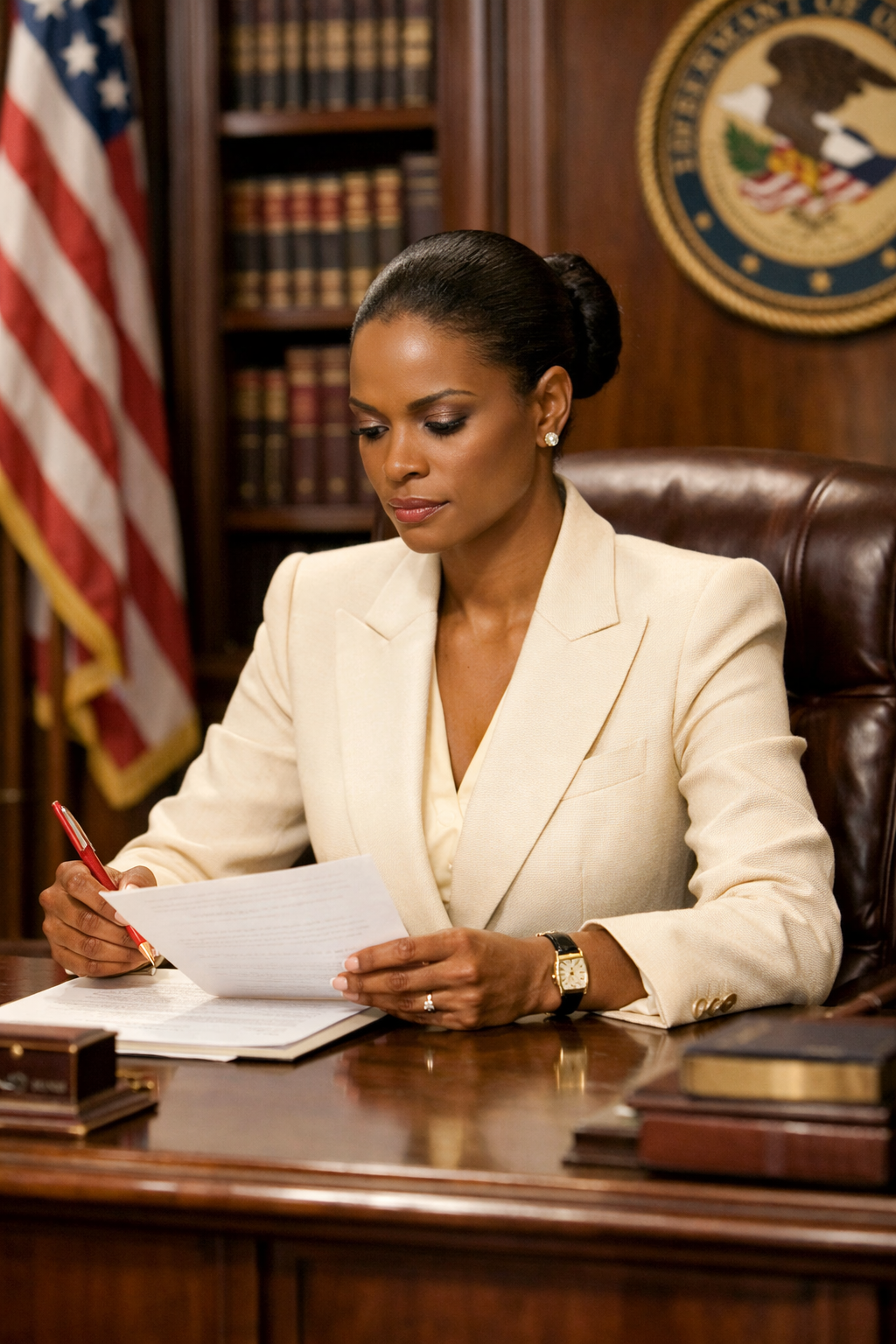 Evelyn Vance in a white suit standing on the steps of the Federal Courthouse