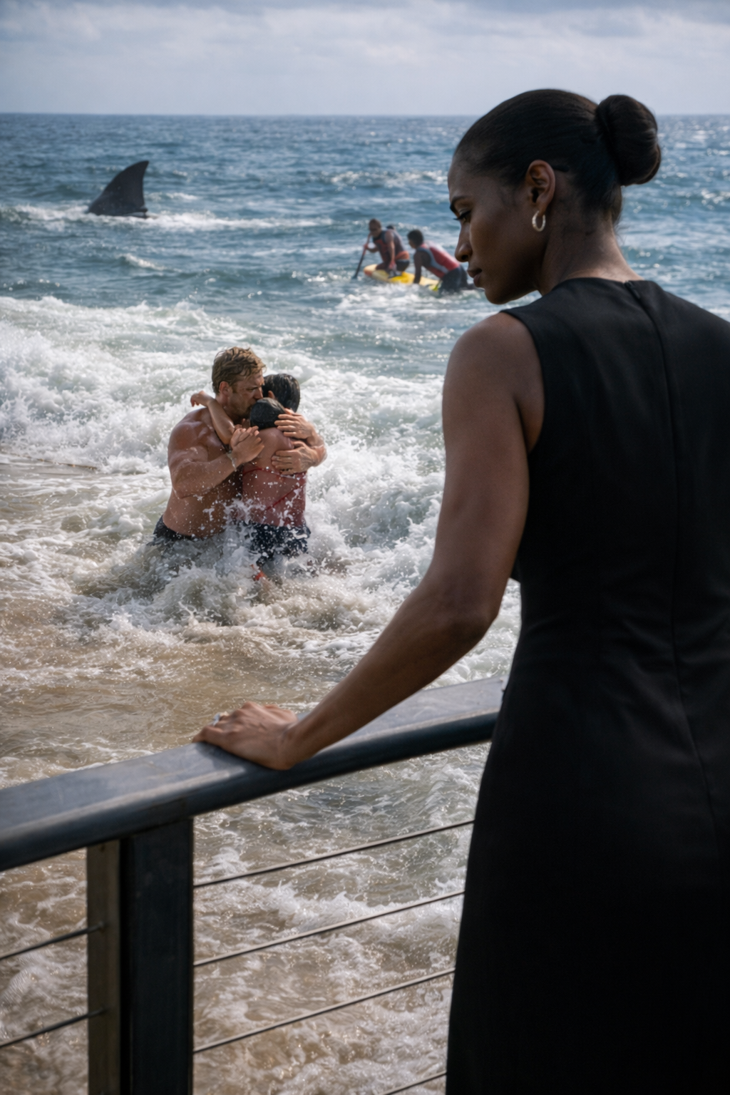 Evelyn Vance in a white suit standing on the steps of the Federal Courthouse