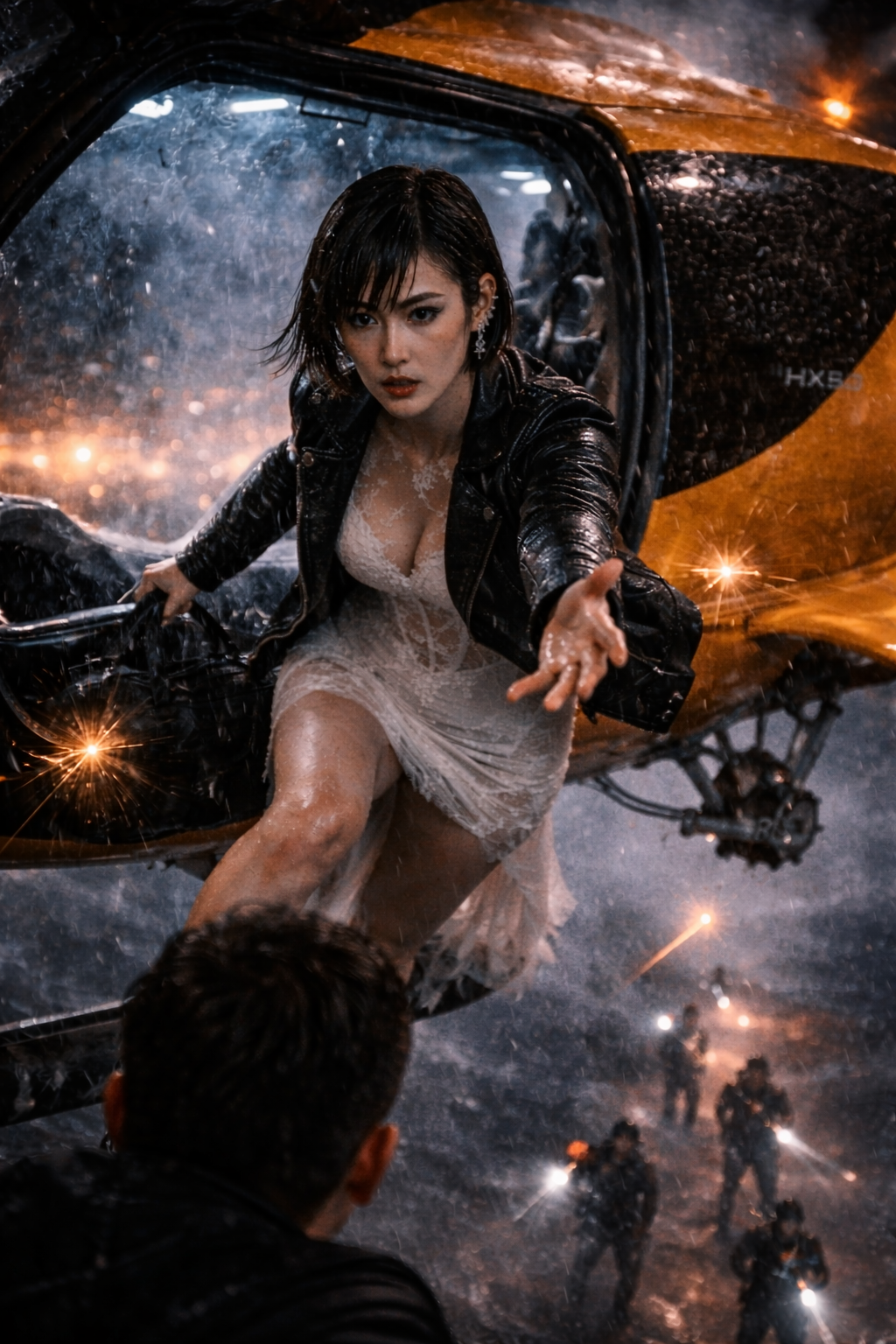 The BEE EVTOL hovering in the rain over the gantry crane.