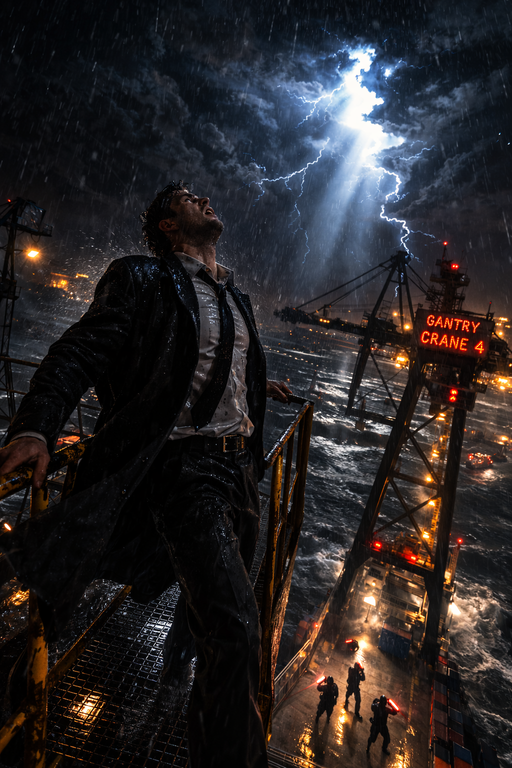 The BEE EVTOL hovering in the rain over the gantry crane.