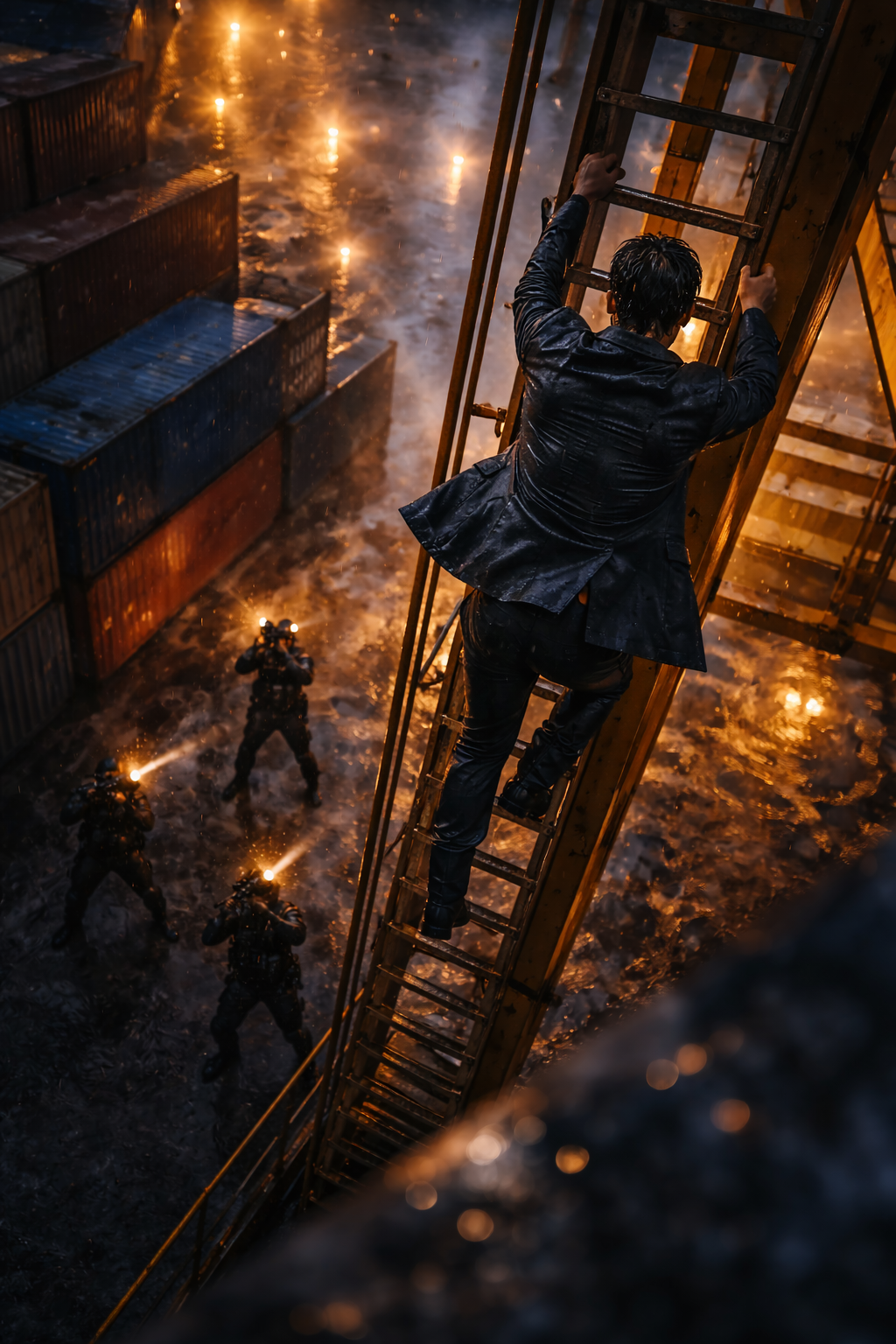 The BEE EVTOL hovering in the rain over the gantry crane.