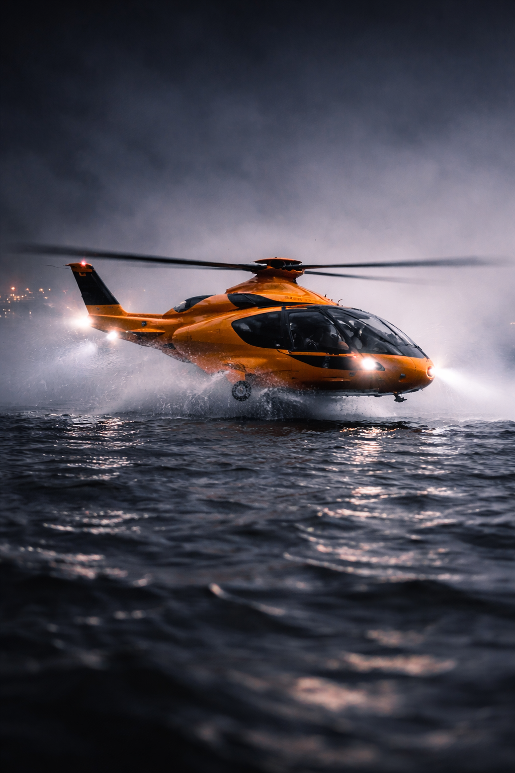 The BEE EVTOL hovering in the rain over the gantry crane.