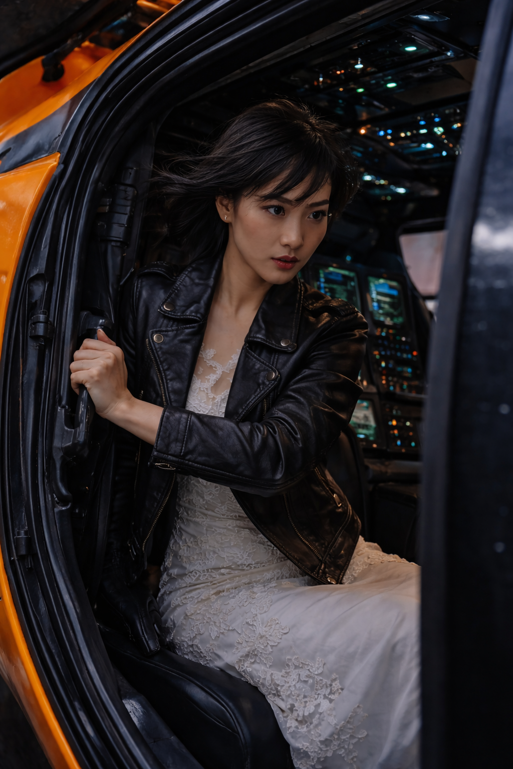 The BEE EVTOL hovering in the rain over the gantry crane.