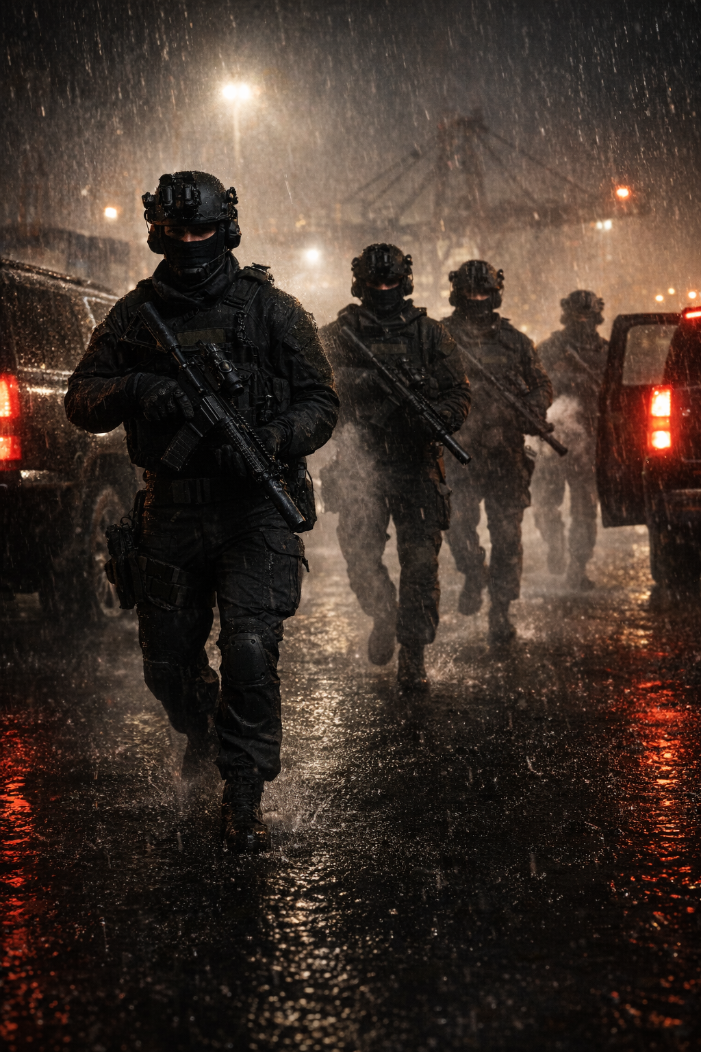 The BEE EVTOL hovering in the rain over the gantry crane.