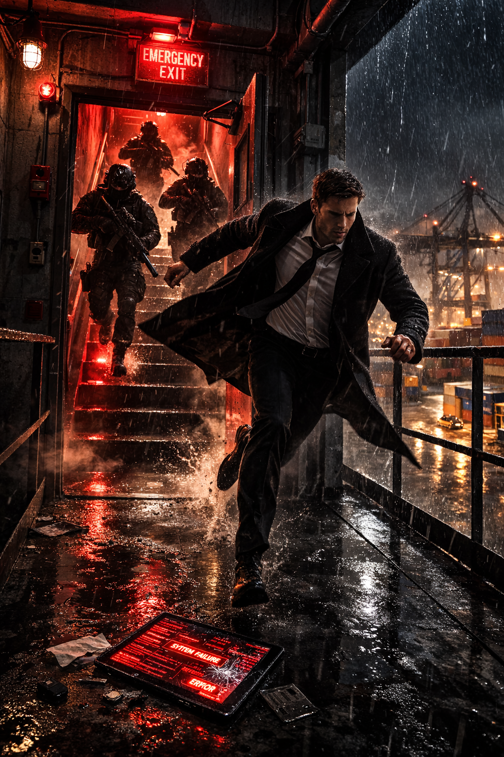 The BEE EVTOL hovering in the rain over the gantry crane.